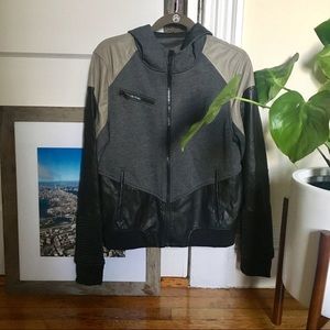 Blank NYC vegan leather moto jacket with hood